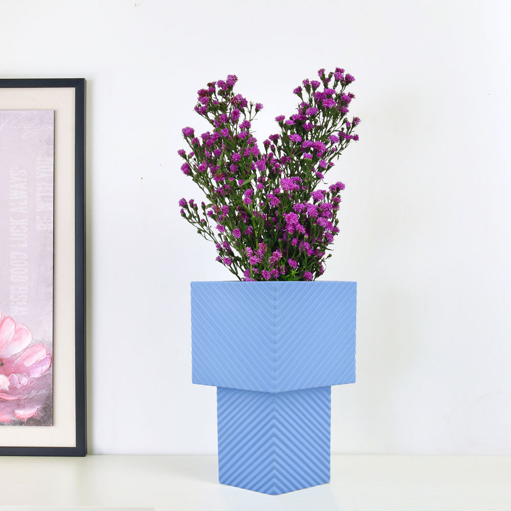 Decorative 2 Cube Fluted Design Dolomite Vase (Blue)