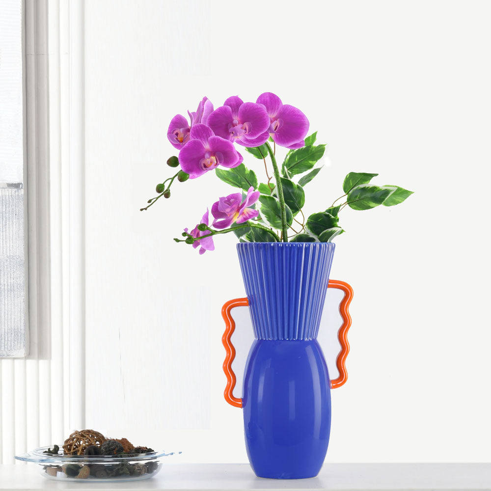 Decorative Semi Fluted Design Dolomite Vase With Handles (Blue & Orange)