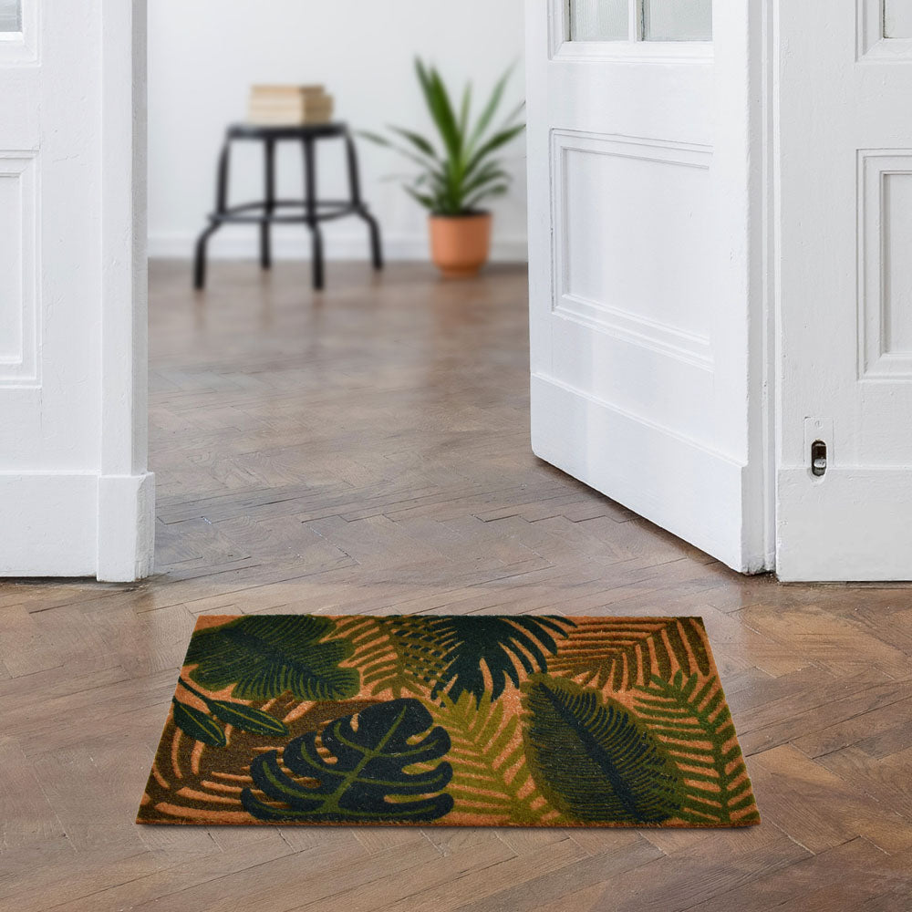 Tropical Leaves Design Polyester 16" x 24" Anti-Slip Door Mat (Green)