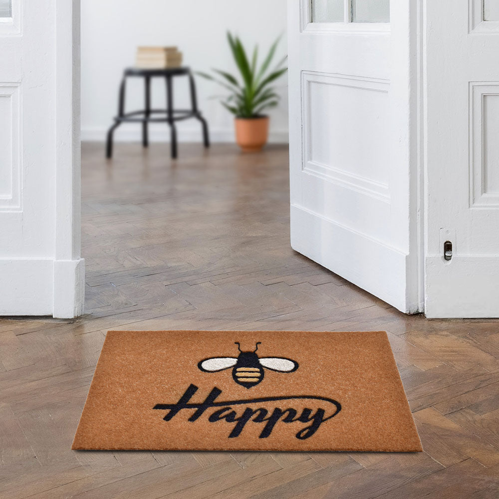 Bee Happy Printed Polyester 16" x 24" Anti-Slip Door Mat (Brown)