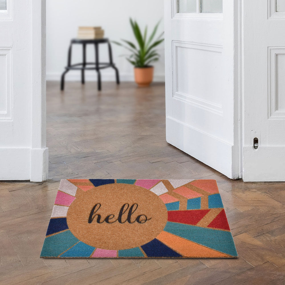 Abstract Hello Printed Polyester 16' x 24' Anti-Slip Door Mat (Multicolor)