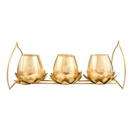 Trio Lotus Metal & Glass Candle Stand (Gold)