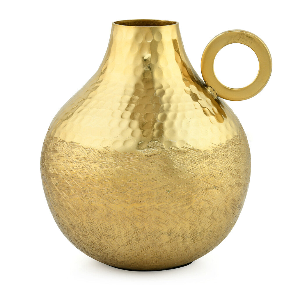 Criss Cross Textured Matki Shaped Small Metal Vase (Gold)