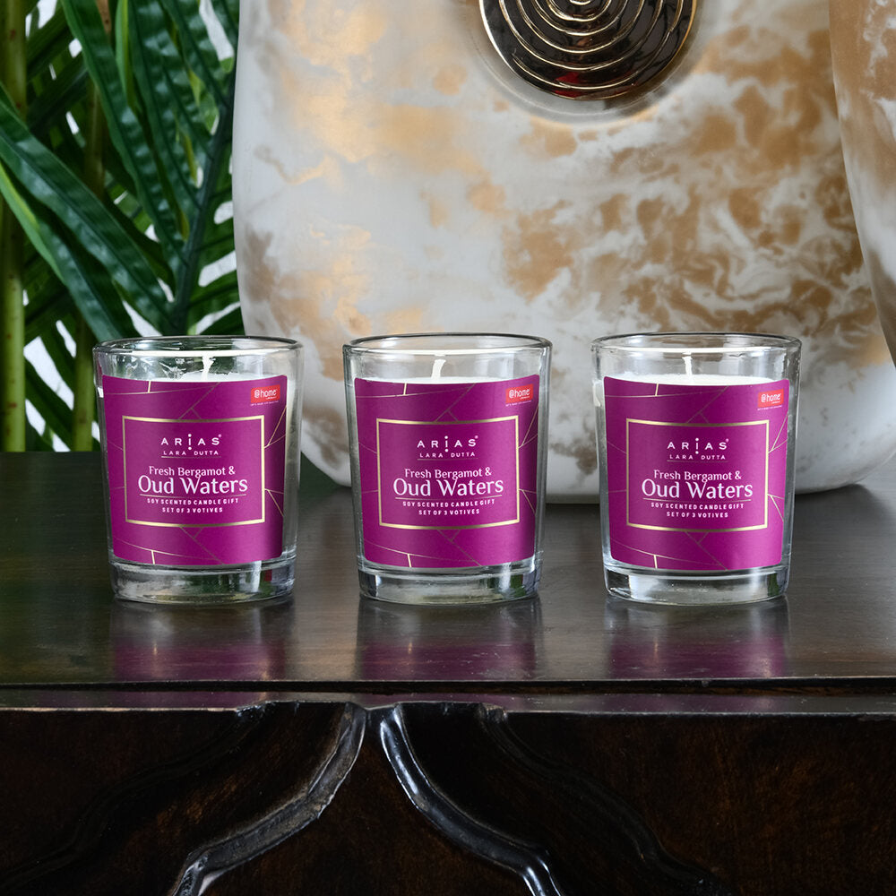 Arias by Lara Dutta Fresh Bergamot and Oud Water Scented Votive Candles Set of 3 (White)