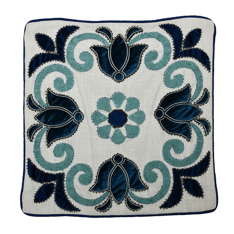 Embroidered Cotton Polyester 16" x 16" Cushion Cover (Blue)