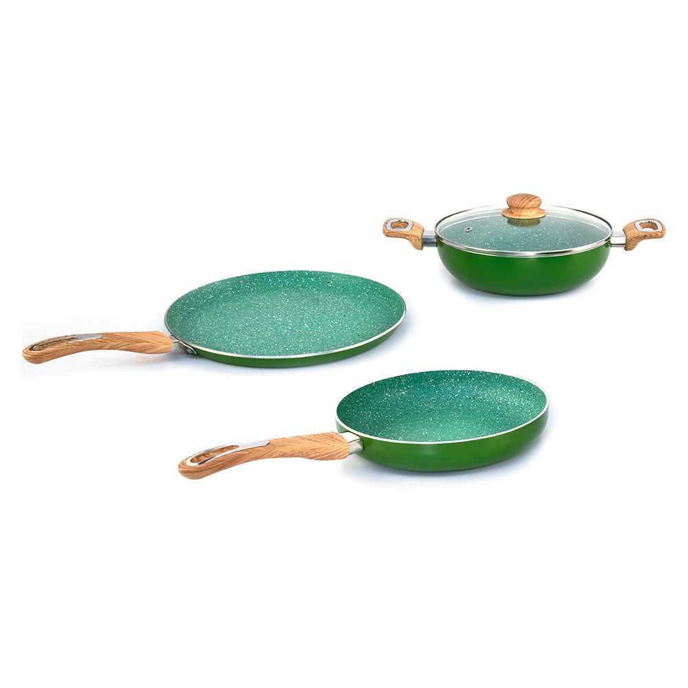 Arias by Lara Dutta Non-Stick Fry Pan With Dosa Tawa and Kadhai With Lid Set of 3 (Emerald)