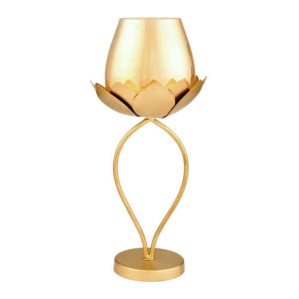 Decorative Lotus Metal & Glass Large Candle Holder (Gold)