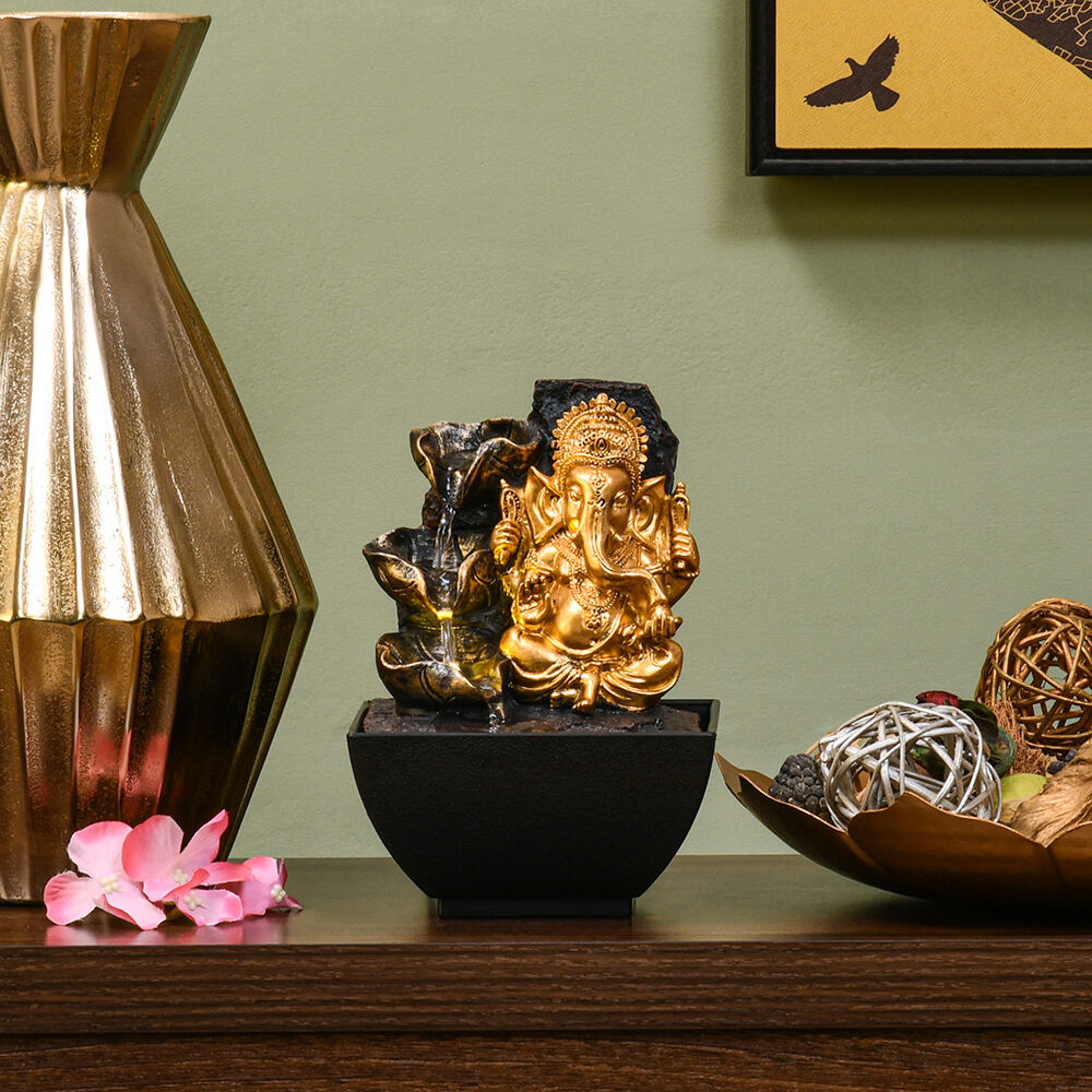 Mini Ganesha Polyresin Decorative Water Fountain (Gold & Brown)