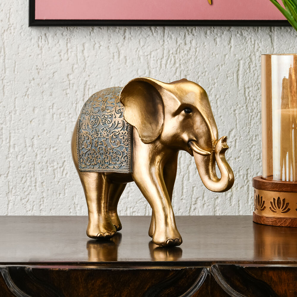 Curl Trunk Elephant Decorative Polyresin Showpiece (Grey & Gold)