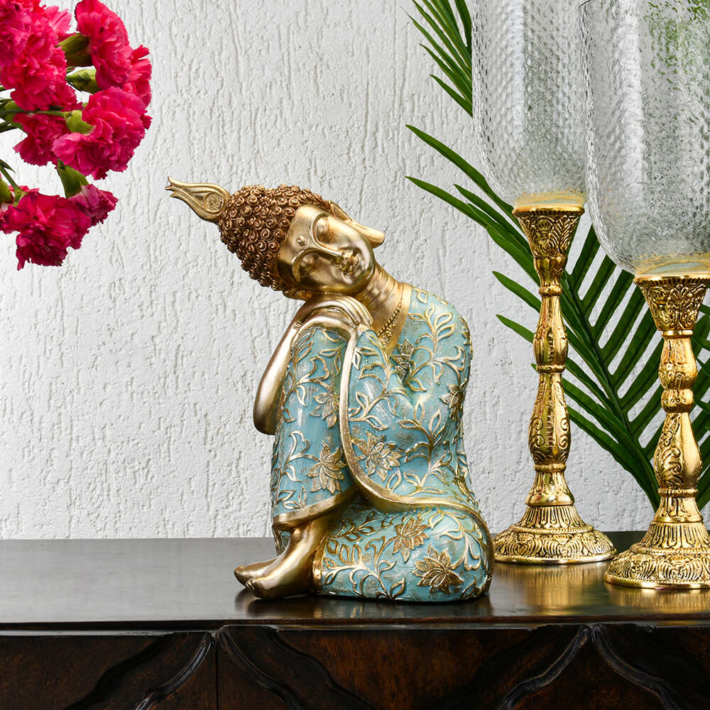 Buddha Resting On Knee Decorative Polyresin Showpiece (Mint & Gold)