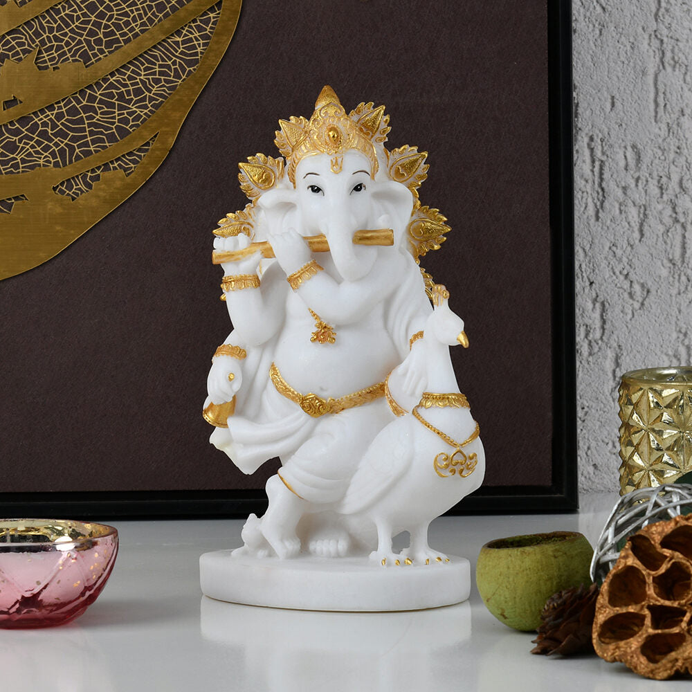 Ganesha On Peocock Polyresin Showpiece (White & Gold)