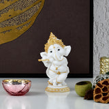 Nilkamal Ganesha Playing Flute Polyresin Showpiece (White & Gold)