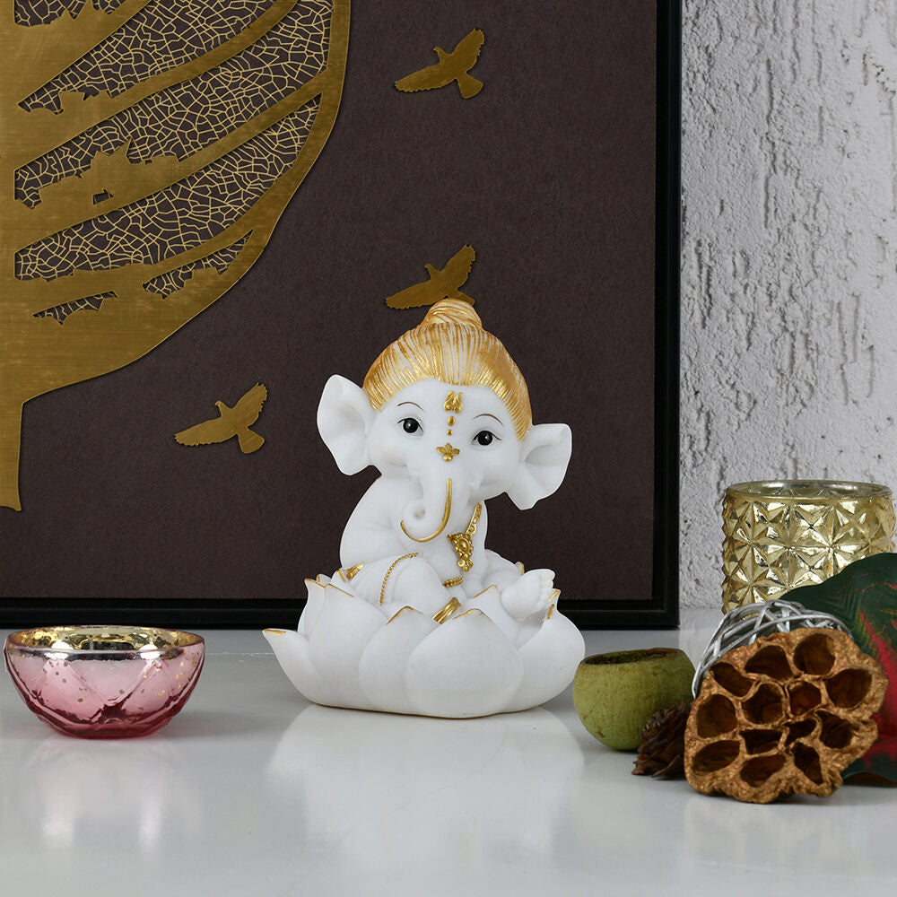 Nilkamal Ganesha On Lotus Polyresin Showpiece (White & Gold)