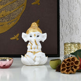 Ganesha On Lotus Decorative Polyresin Showpiece (White & Gold)