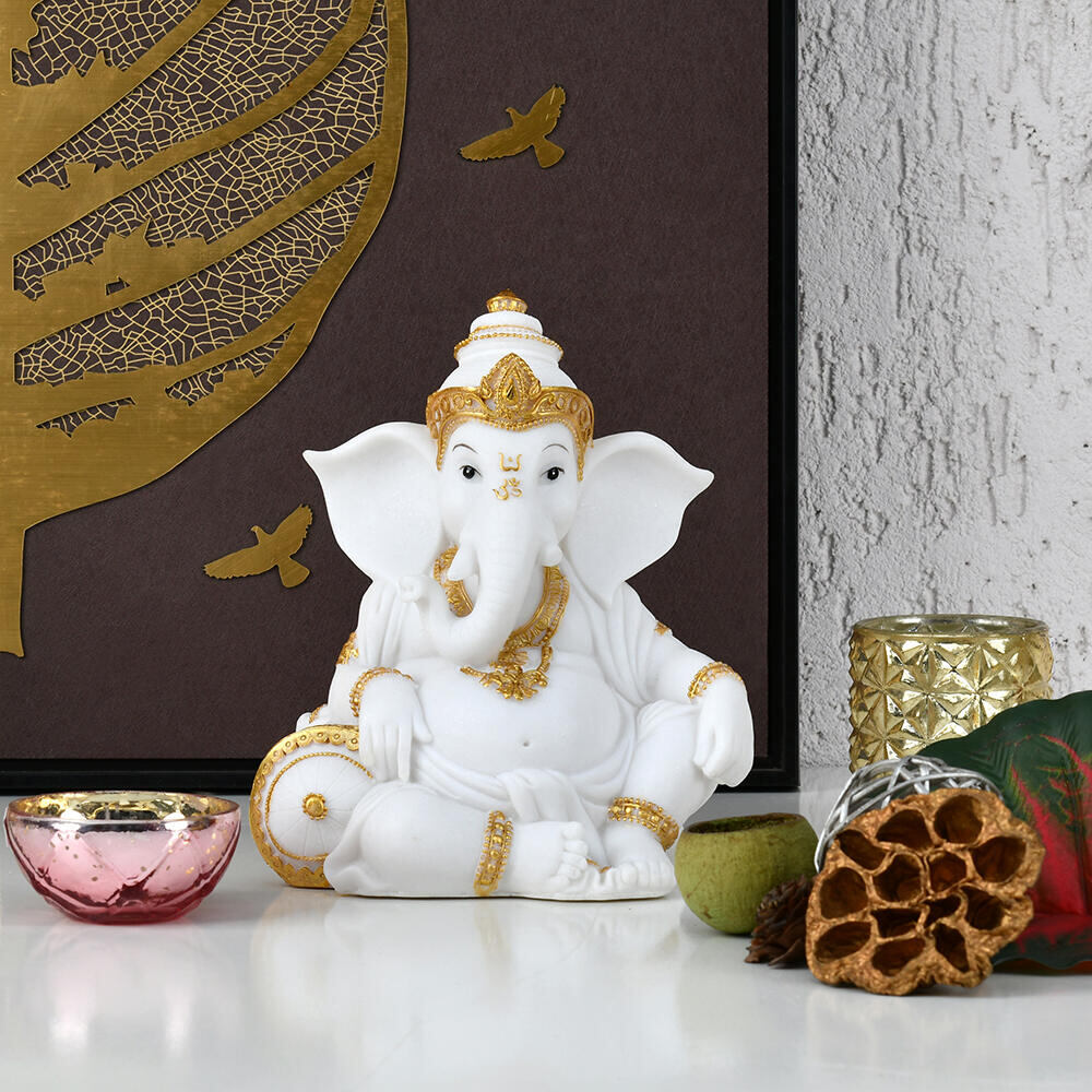 Nilkamal Ganesha Relaxing Polyresin Showpiece (White & Gold)