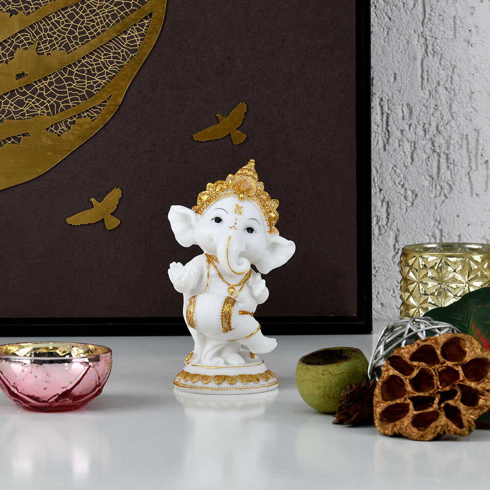 Ganesha Playing Dholak Polyresin Showpiece (White & Gold)