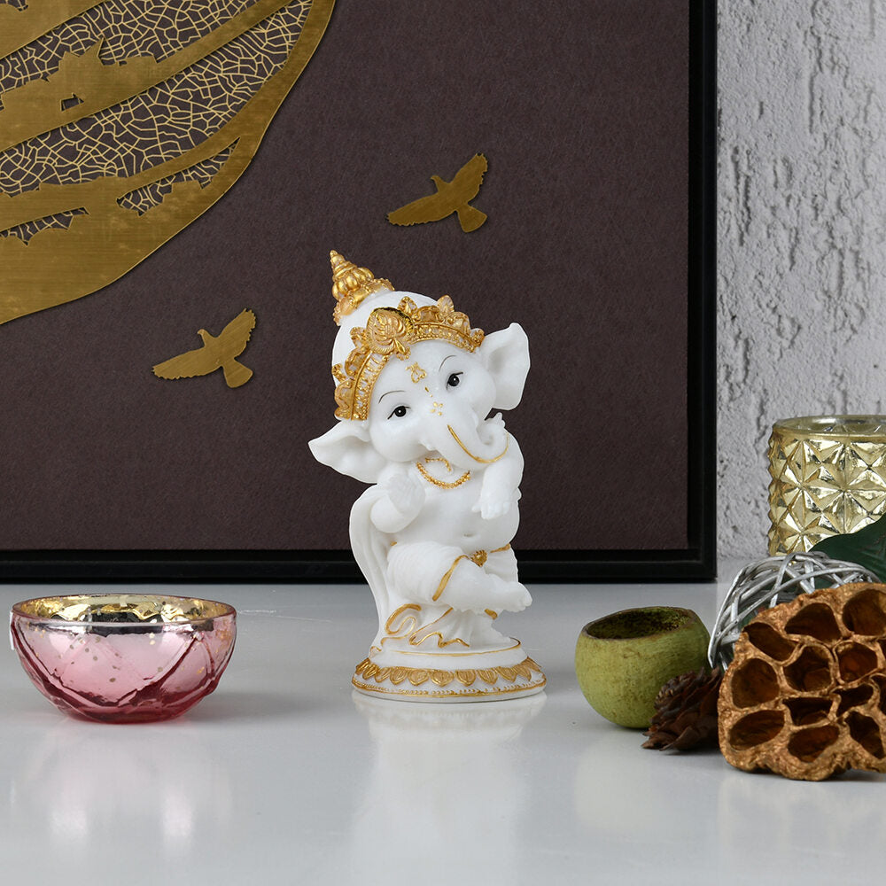 Nilkamal Blessing Ganesha Decorative Polyresin Showpiece (White & Gold)