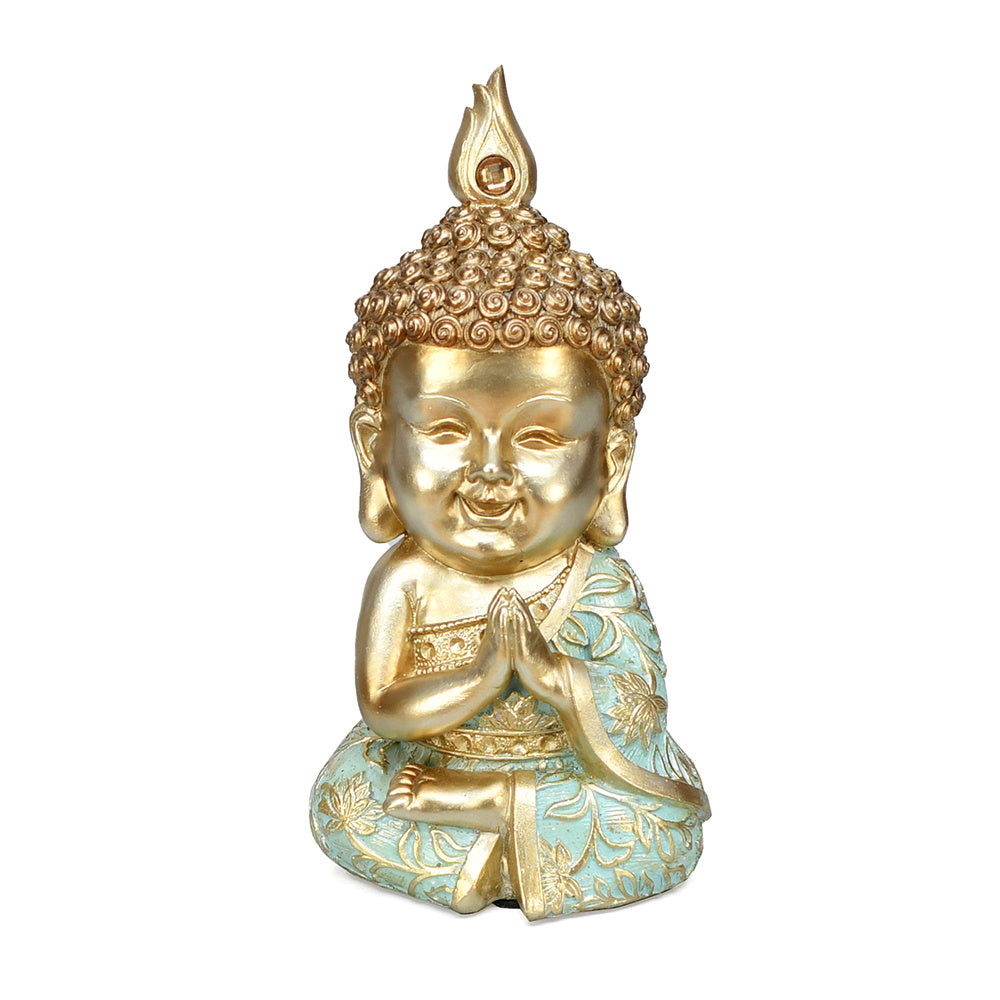 Baby Monk Decorative Polyresin Showpiece (Mint & Gold)