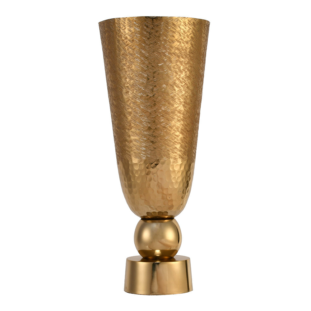 Criss Cross Textured Round Base Metal Small Vase (Gold)