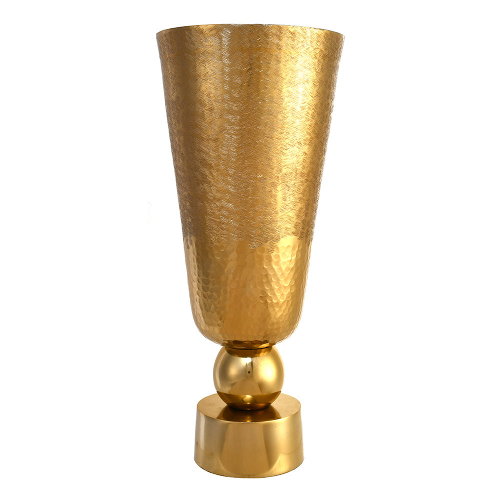 Criss Cross Textured Round Base Metal Medium Size Vase (Gold)