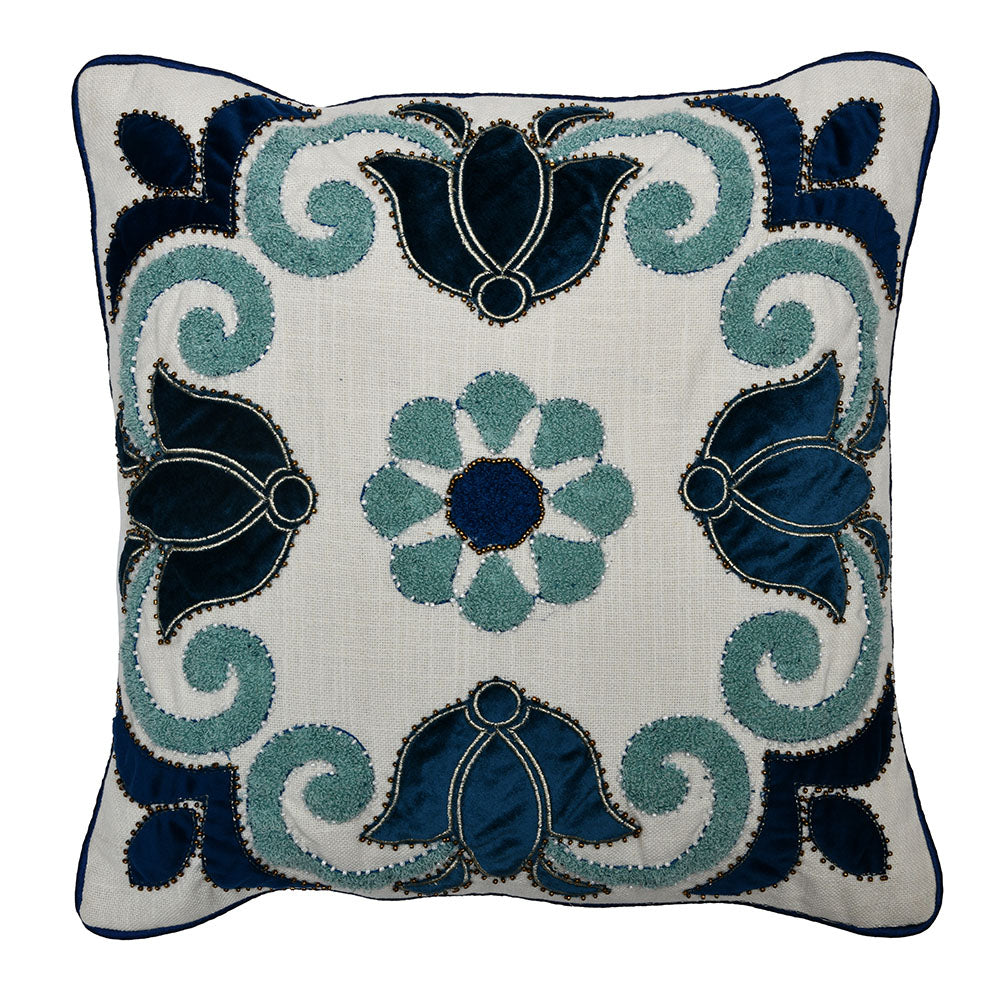 Embroidered Cotton Polyester 16" x 16" Cushion Cover (Blue)