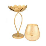 Decorative Lotus Metal & Glass Large Candle Holder (Gold)