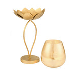 Decorative Lotus Metal & Glass Large Candle Holder (Gold)