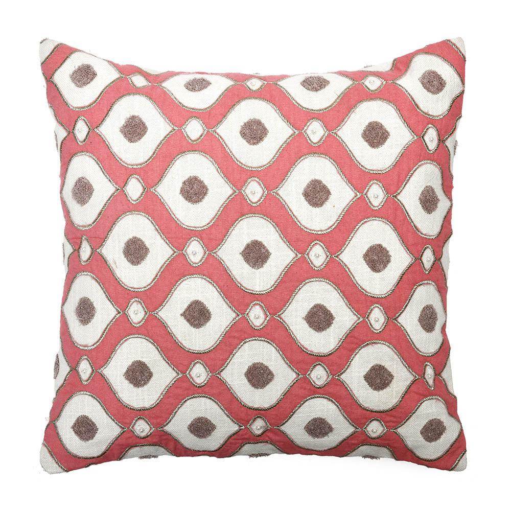 Embroidered Cotton Polyester 16" x 16" Cushion Cover (Pink)