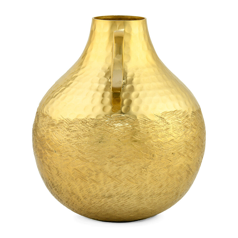 Criss Cross Textured Matki Shaped Small Metal Vase (Gold)