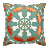 Embroidered Cotton Polyester 16" x 16" Cushion Cover (Green & Orange)