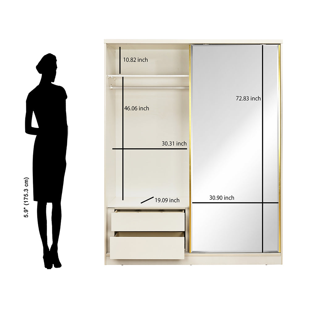 Nix 2 Door Sliding Wardrobe with Mirror and Sensor LED Light (Beige)