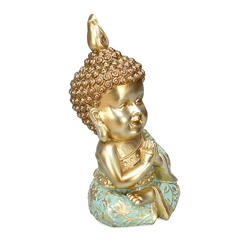 Baby Monk Decorative Polyresin Showpiece (Mint & Gold)