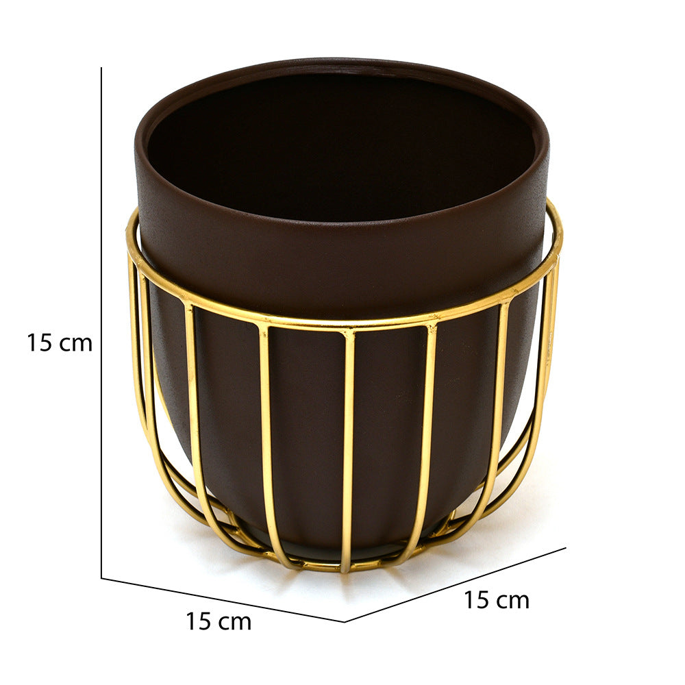 Metal Jali Planter 15 cm (Brown & Gold)