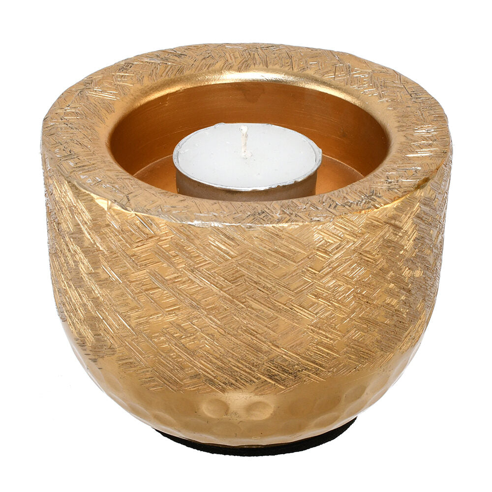 Decorative Criss Cross Textured Round Metal Votive (Gold)