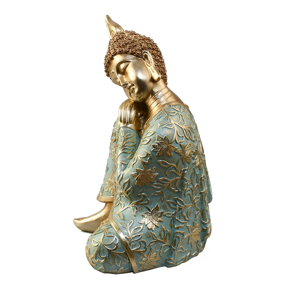 Buddha Resting On Knee Decorative Polyresin Showpiece (Mint & Gold)