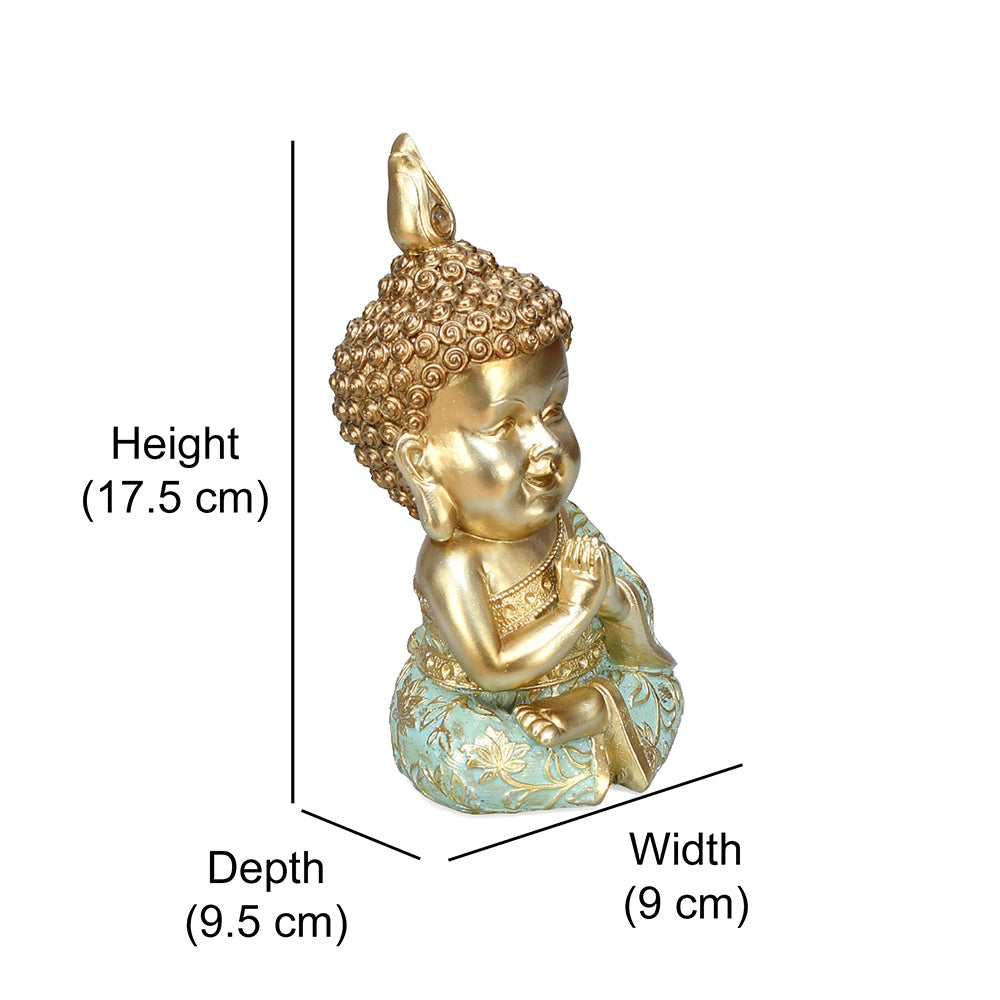 Baby Monk Decorative Polyresin Showpiece (Mint & Gold)