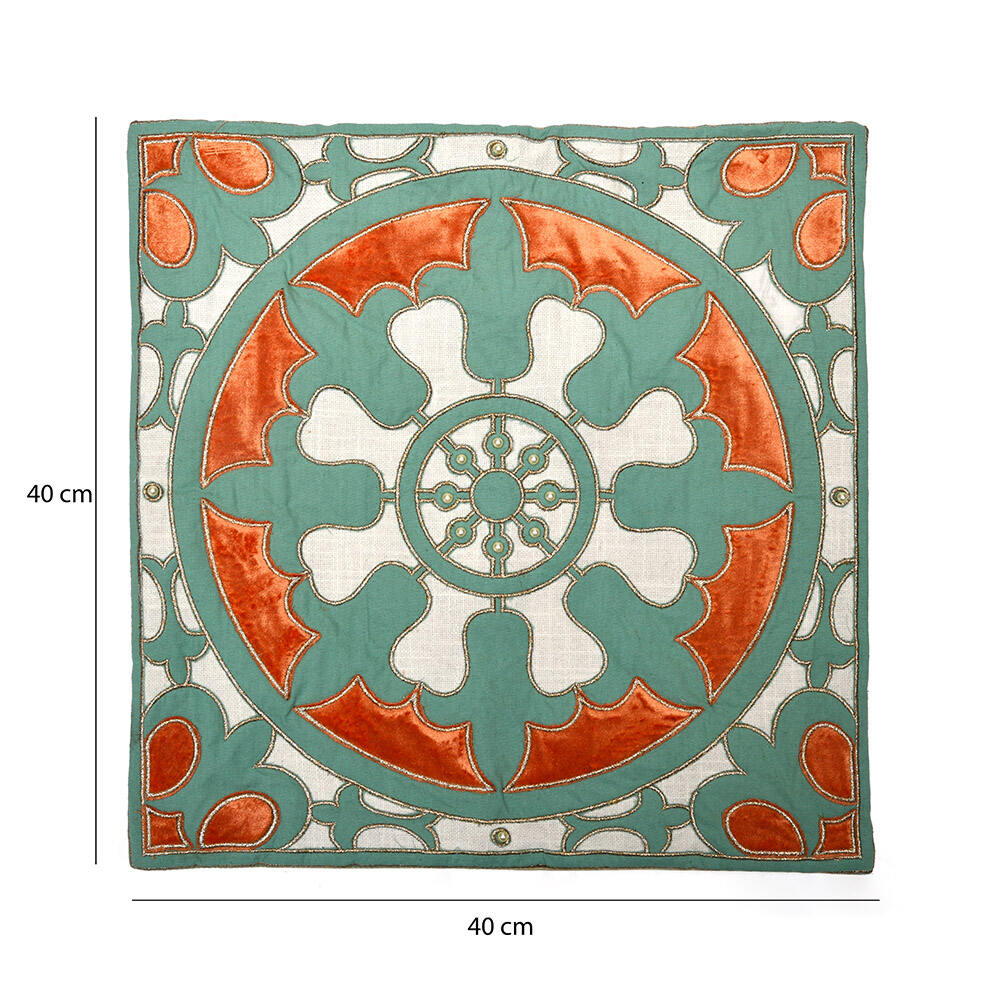 Embroidered Cotton Polyester 16" x 16" Cushion Cover (Green & Orange)