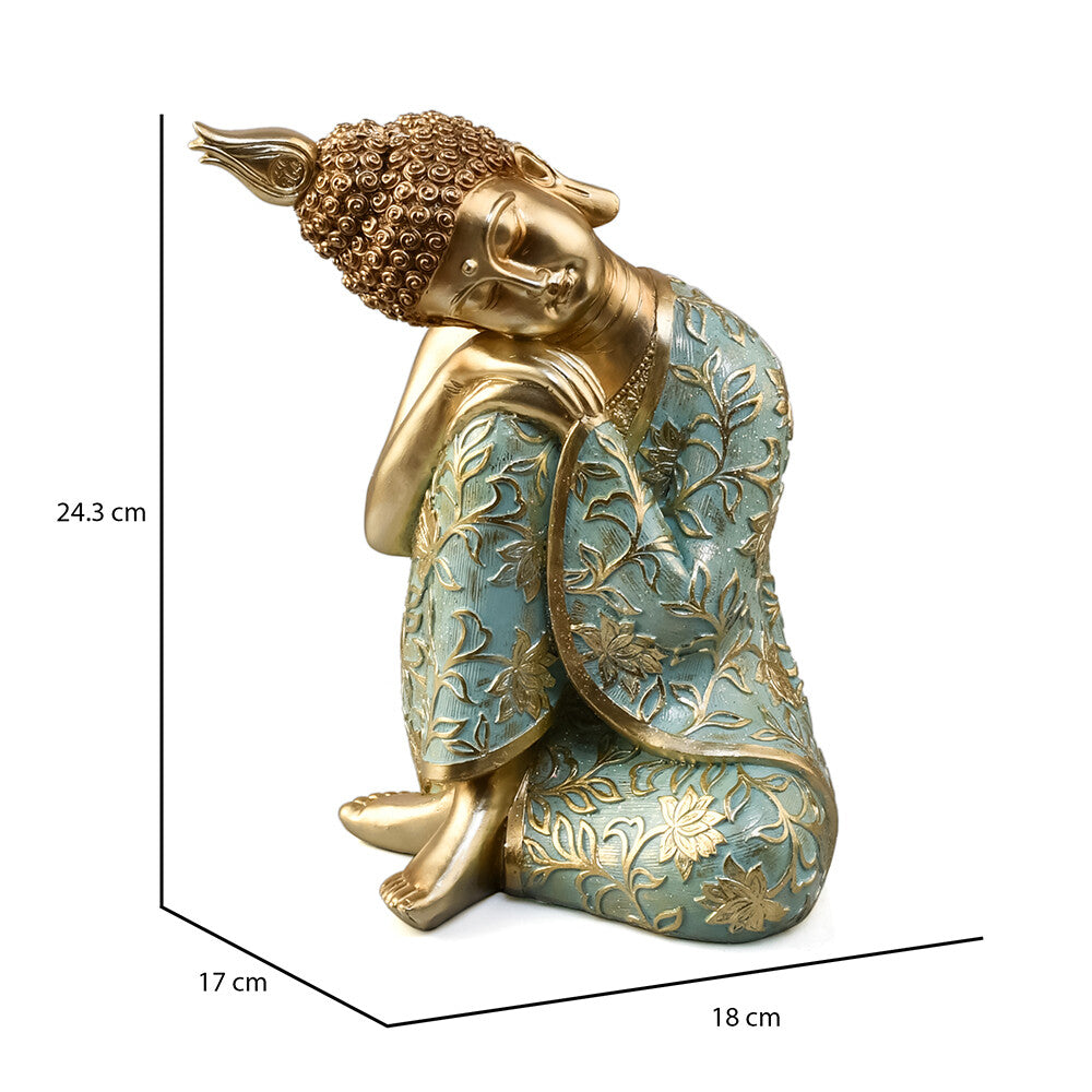 Buddha Resting On Knee Decorative Polyresin Showpiece (Mint & Gold)