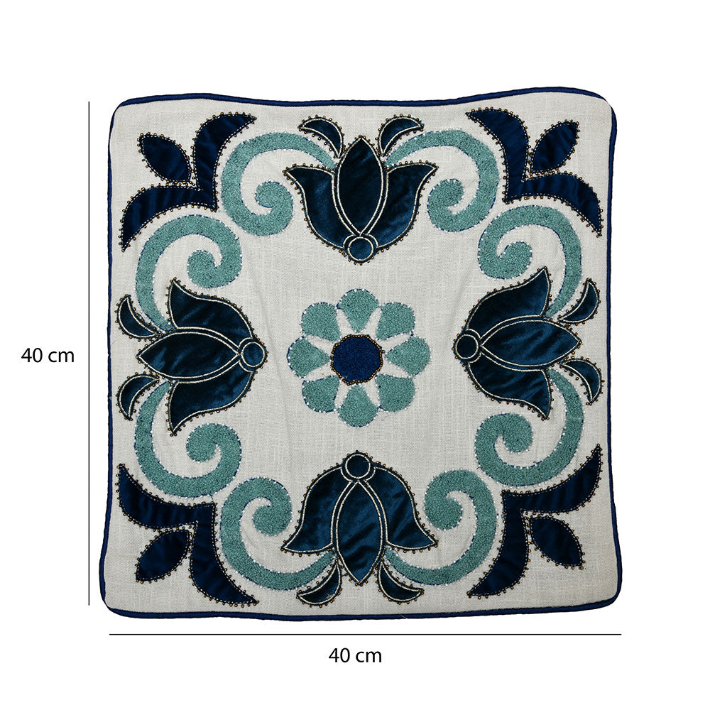 Embroidered Cotton Polyester 16" x 16" Cushion Cover (Blue)