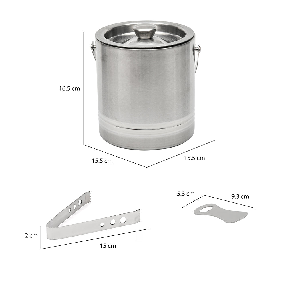 Arias by Lara Dutta Stainless Steel Ice Bucket With Tong and Opener Set of 3 (Silver)