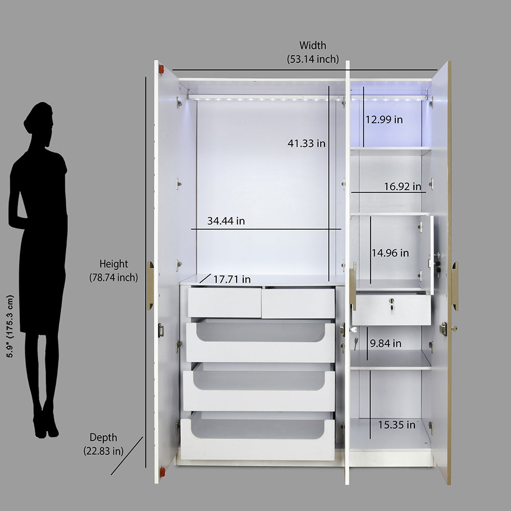 Cassini 3 Door Wardrobe With Led Light (White)