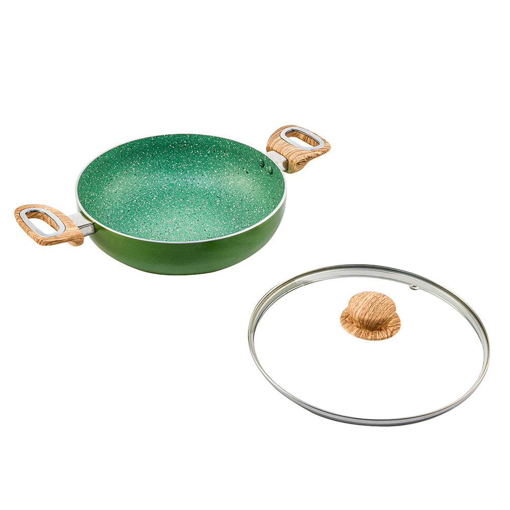 Arias by Lara Dutta Non-Stick Fry Pan With Dosa Tawa and Kadhai With Lid Set of 3 (Emerald)