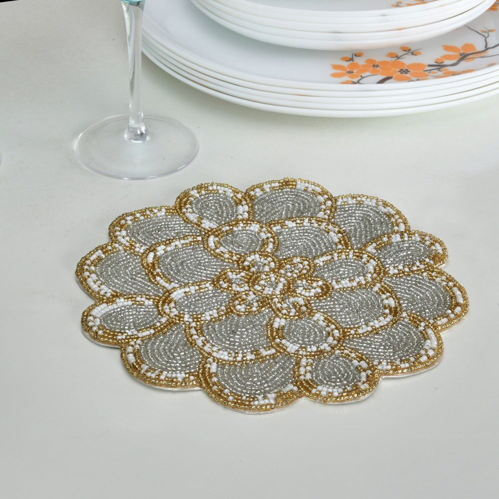 Nilkamal Decorative Floral Beaded Trivet (Grey & Gold)