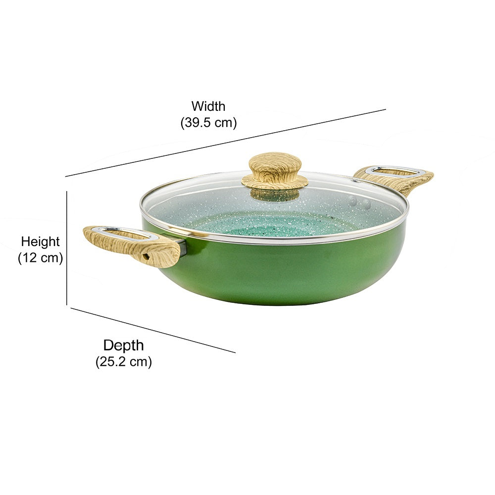 Arias by Lara Dutta Non-Stick Fry Pan With Dosa Tawa and Kadhai With Lid Set of 3 (Emerald)