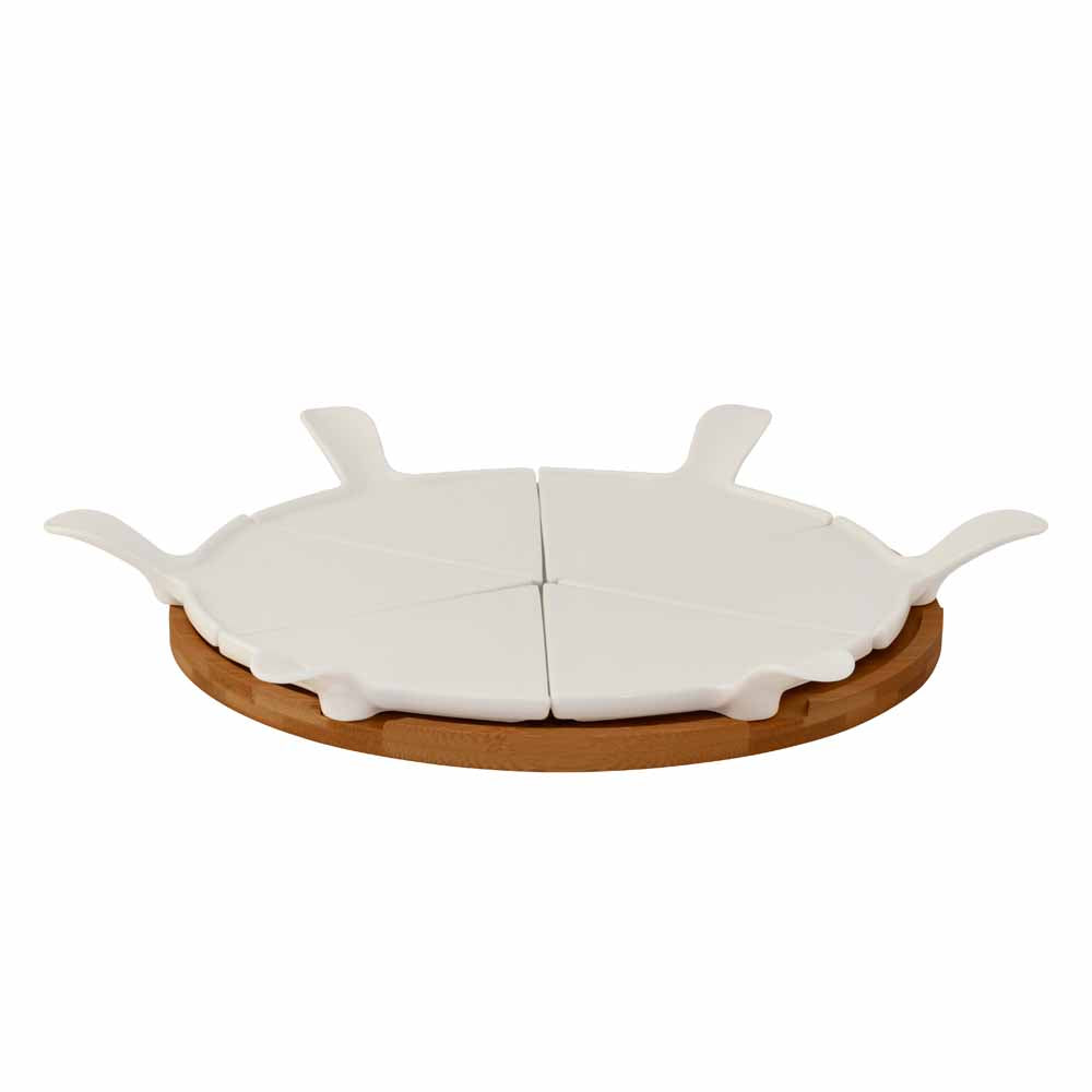 Ceramic Pizza Serving Platter with Bamboo Base (White)