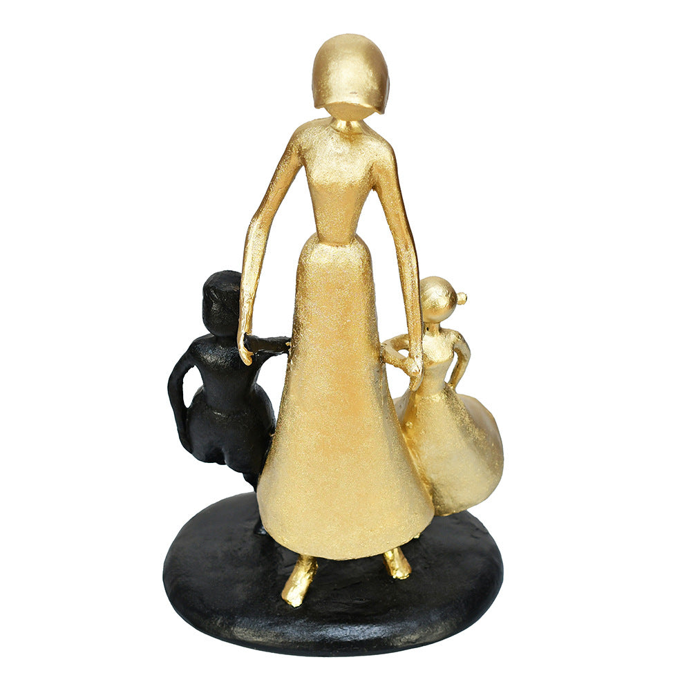 Mom With Two Kids Decorative Polyresin Showpiece (Black & Gold)