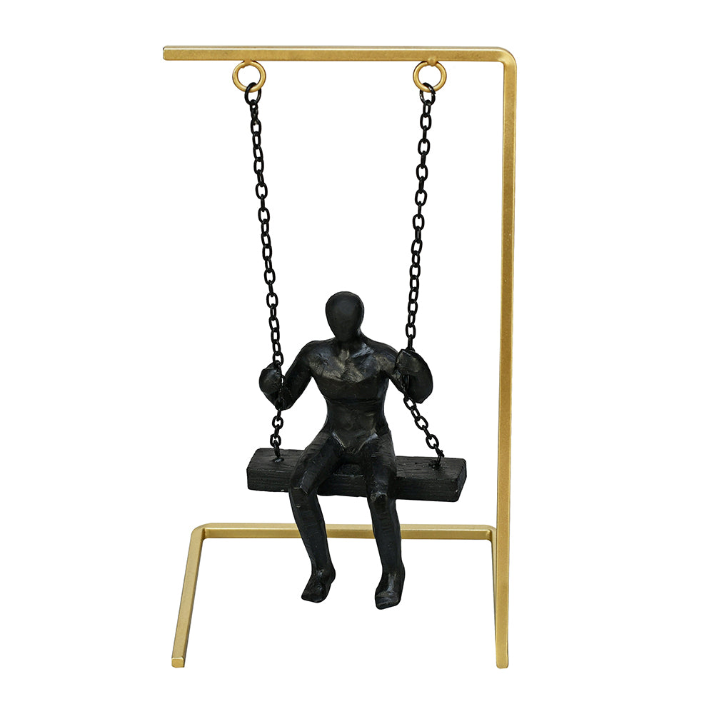 Man On Swing Decorative Polyresin Showpiece (Black & Gold)