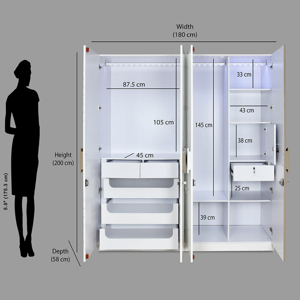 Cassini 4 Door Wardrobe With Led Light (White)