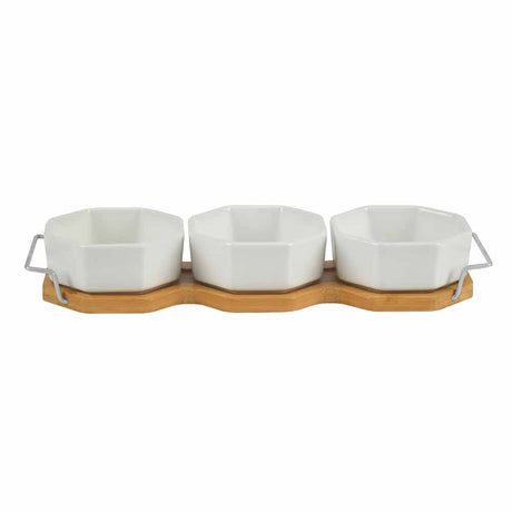 Ceramic 200 ml Bowls Set of 3 with Wooden Base (White)