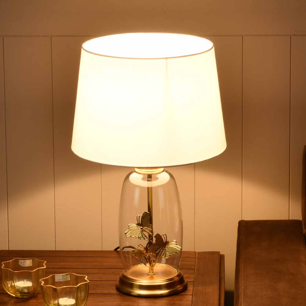 Glassio Butterfly Fabric Shade Glass & Metal Base Table Lamp (Gold)